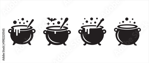 Witches cauldron collection with potion bubbles and bat, vector illustration.