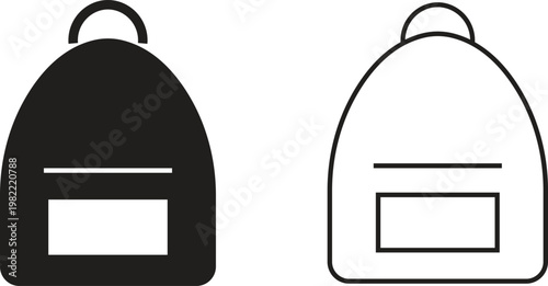 School bag icon set in flat and outline styles. Backpack collection featuring student schoolbags, Minimal silhouette designs for education, college, travel, kids accessories and modern lifestyle use.