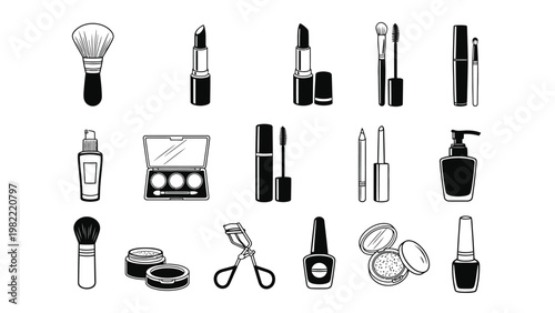 Makeup vector icons set including lipstick and brushes on white background