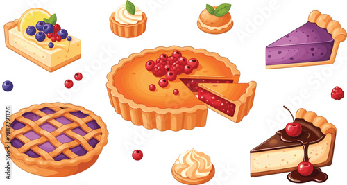 Assorted Sweet Dessert Pie and Tart Illustration Set with Berry Cheesecake Chocolate and Fruit Pastry Collection Cartoon Vector Design