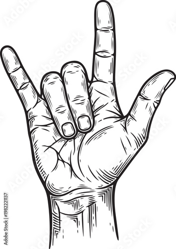 Rock and roll hand sign, hand drawn simple sketch vector illustration