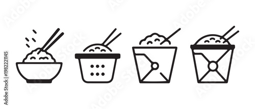 Collection of rice bowls and take-out containers with chopsticks, flat design vector illustration.
