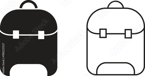 School bag icon set in flat and outline styles. Backpack collection featuring student schoolbags, Minimal silhouette designs for education, college, travel, kids accessories and modern lifestyle use.