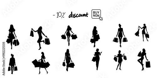 Shopping Girl Silhouette Set – Minimalist Woman with Shopping Bags for Retail Marketing, Sales Promotions, and Discount Banners