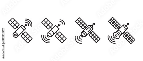 Set of Satellite Icons with Solar Panels and Signal Waves, Flat Design Vector Illustration.