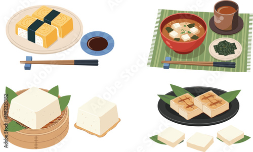 Traditional Japanese Tofu Food Set with Sushi Miso Soup Soy Sauce and Asian Cuisine Dishes Collection Cartoon Vector Illustration
