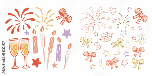 Festive hand drawn illustrations of fireworks champagne and party decorations