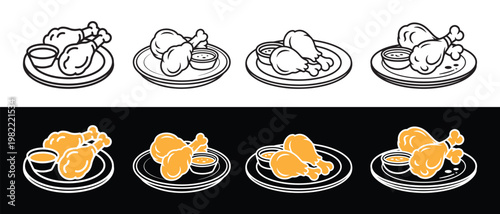Collection of stylized fried chicken drumsticks and thighs with dipping sauce on plates, flat design vector illustration.