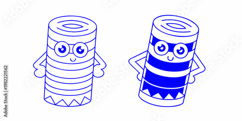 Two whimsical cylindrical characters with faces and striped bodies are shown
