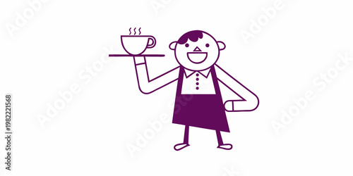 A cheerful waiter carrying a steaming cup on a serving tray
