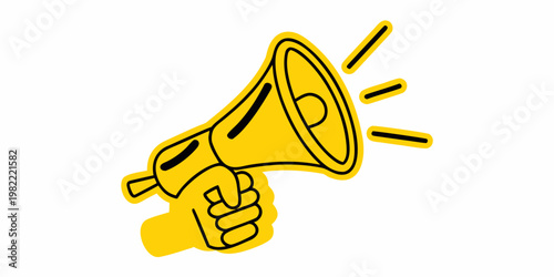 A yellow megaphone illustration with sound waves emanating from the speaker
