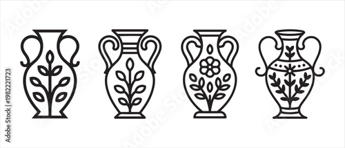 Set of ancient amphora vases with botanical and floral line art decorations, vector illustration.