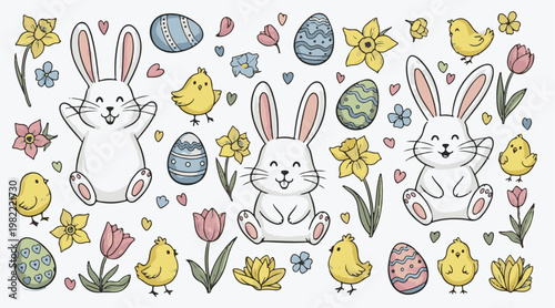 Cute easter set with funny bunnies, chicks, colorful eggs and spring flowers isolated on white background