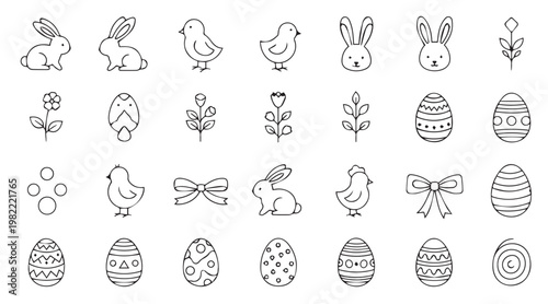 Easter line icon set with cute bunnies, chicks, decorated eggs and spring floral elements in doodle style