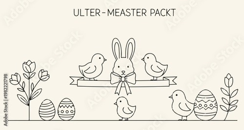 Easter line art composition with cute bunny, chicks, decorated eggs and flowers on banner background