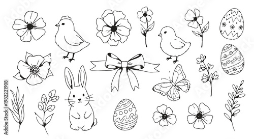 Hand drawn easter collection with cute bunny, chicks, decorated eggs, butterflies and spring flowers line art doodle