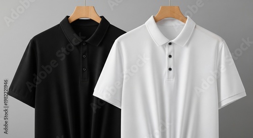 Two classic polo shirts one black and one white displayed on wooden hangers against a soft gray background in studio lighting