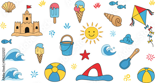 Cute Summer Beach Icon Set Featuring Ice Cream, Sun, Waves, Sandcastle, Fish, Starfish, and Fun Outdoor Elements for Kids