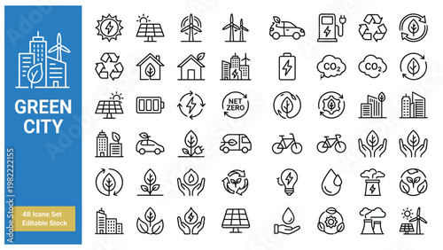 Green city web icons in line style. Green energy,  recycle technology,autonomous building, efficient, environment, renewable solar, collection. Vector illustration.
