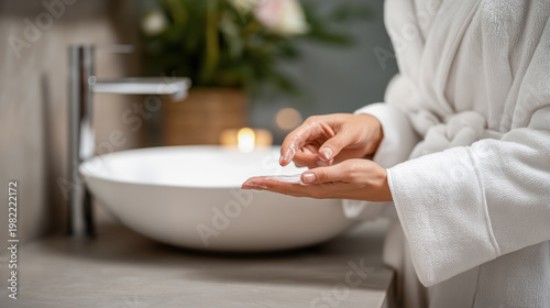 Close up of woman applying skincare product on hands in modern bathroom with sink and soft warm light creating clean daily routine moment. Concept of hygiene and self care
