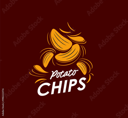 Crispy fried potato chips icon for salted snack symbol, vector package design. Yellow gold crunchy rippled wavy potato chips splash with salty taste flavor for potato chips food product pack label