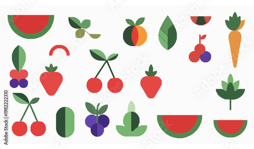 Colorful bauhaus fruit and vegetable seamless icon pattern abstract organic food vector set