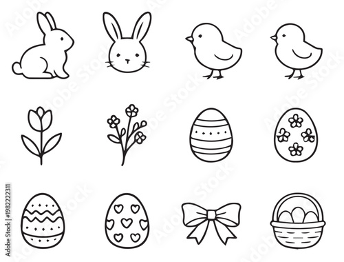 Easter line icon set with cute bunnies, chicks, decorated eggs, basket and spring flowers in minimalist doodle style