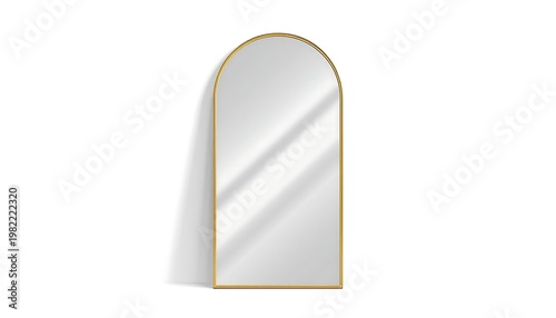 A tall, arched full-length mirror with a elegant golden frame, leaning against a white wall with soft shadow.