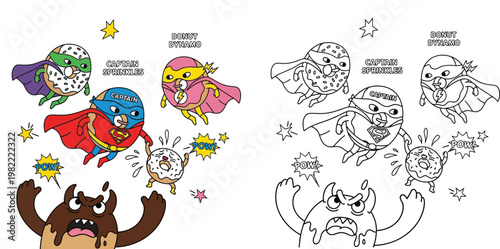 Superhero donut characters fighting a monster cartoon illustration set with black and white line art coloring page for kids