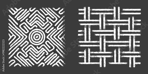 Abstract geometric patterns in black and white resembling woven textiles