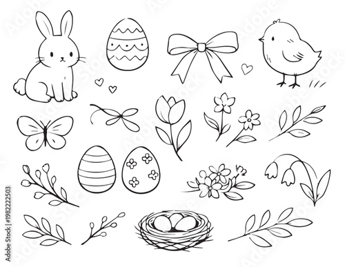 Hand drawn Easter set with cute bunny, chick, decorated eggs, bird nest and spring flowers line art doodle