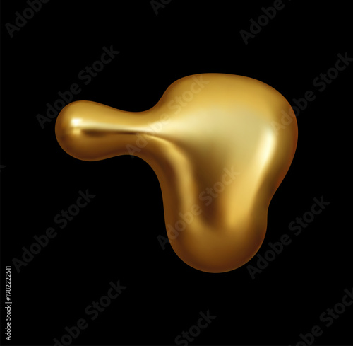 Golden drop abstract shape of liquid metal blob or gold melt drip, realistic vector 3D. Liquid gold blob or golden metallic paint drip, metal piece melt with abstract wave flow of shiny fluid or oil