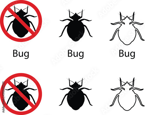 Bug insect icon set collection group, pest beetle bug, insect parasite symbol, no bug sign, infestation control icons in black flat and line style vector, pest control warning symbol pack