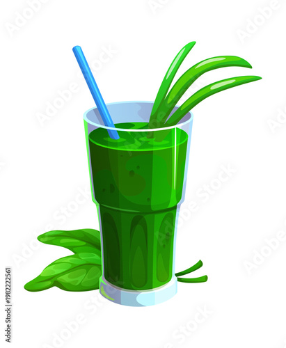 Healthy green smoothie drink topped with long green sprigs and a drinking straw. Fresh vegetable green smoothie in a tall clear glass. Cartoon vector juice with kiwi, avocado, celery and spinach