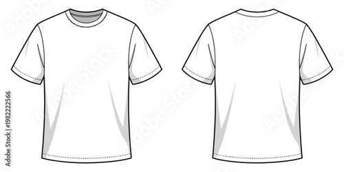 Basic T-Shirt Flat Technical Fashion Illustration, White Tee Shirt Vector Template with Front and Back View, XL Plus Size Drop Shoulder Unisex Garment, CAD Mockup Design