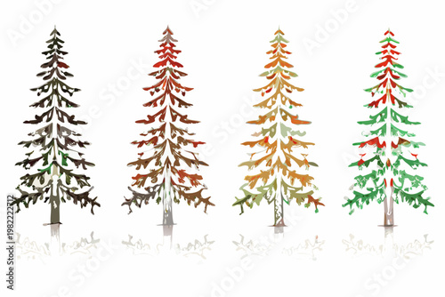 Watercolor painting of four evergreen trees in varying autumnal colors