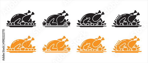 Set of Roasted Turkey Icons. in Black and Orange Flat Design Vector Illustration.