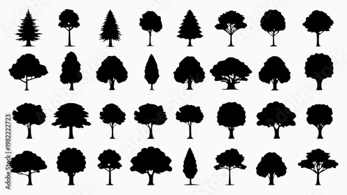 Collection of diverse tree silhouettes arranged in a grid pattern