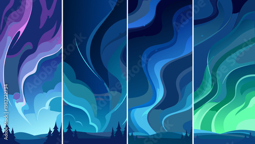 Abstract aurora borealis landscape with silhouetted trees and vibrant colors