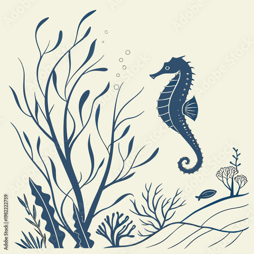 Elegant seahorse illustration in a stylized underwater environment with sea life dark blue underwater seahorse illustration stylized