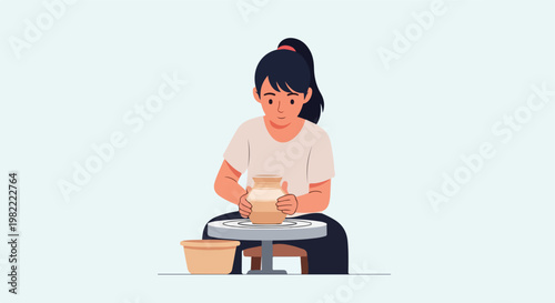 A girl with a ponytail focuses on shaping a clay pot on a rotating wheel machine