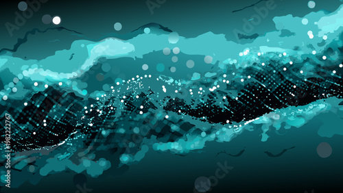 Abstract teal and black wave with sparkling light effects