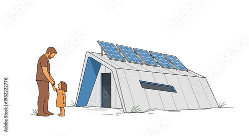 Father and daughter standing by a modern sustainable house with solar panels