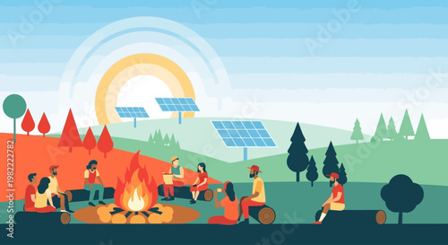 Friends enjoy a sustainable camping trip around a campfire in nature.
