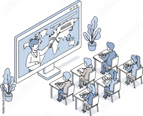 Isometric E-Learning Classroom Illustration with Students Watching Virtual Teacher and Global Map
