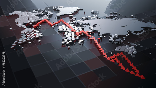 Abstract world map with a red path symbolizing global connections or disruption