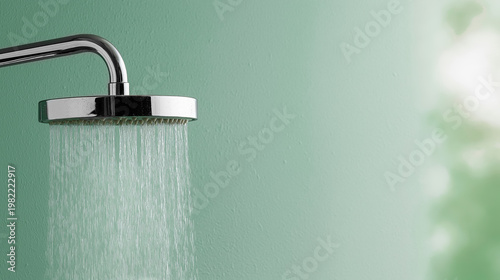 Shower head spraying water on green wall in bathroom with soft light and minimal composition creating fresh clean scene. Concept of hygiene and daily routine