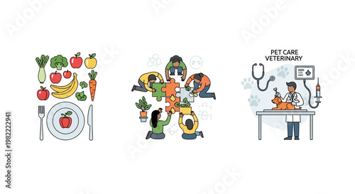 Illustrations of healthy eating, teamwork, and veterinary care.