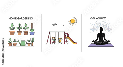 Collage of home gardening, children playing, and yoga