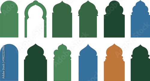 Collection of colorful islamic arch silhouettes, mosque entrance shapes in various hues. vector illustration